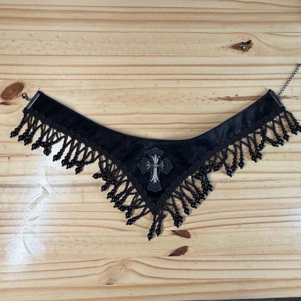 Punk Cross Beaded Fringe Choker Necklace Black Statement Piece Goth